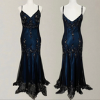 Gorgeous Mermaid Spaghetti Straps Beaded Navy Blue Satin Long Formal Prom Dresses