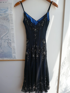 Gorgeous Mermaid Spaghetti Straps Beaded Navy Blue Satin Long Formal Prom Dresses