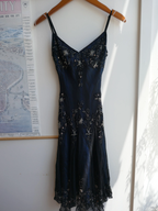 Gorgeous Mermaid Spaghetti Straps Beaded Navy Blue Satin Long Formal Prom Dresses