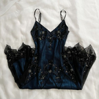 Gorgeous Mermaid Spaghetti Straps Beaded Navy Blue Satin Long Formal Prom Dresses