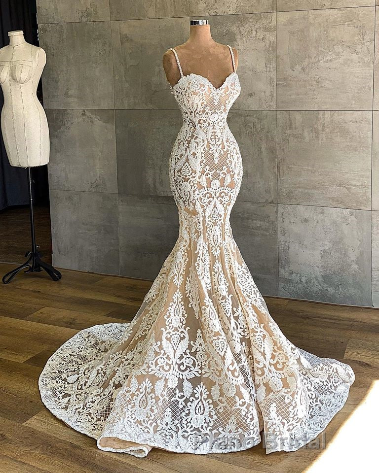Gorgeous Spaghetti-Straps Mermaid Wedding Dress Lace Sleeveless