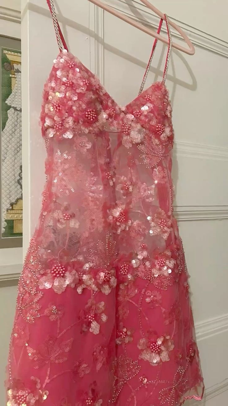 Gorgeous Spaghetti Straps Sequin Short Birthday Outfits Pink Graduation Homecoming Dresses