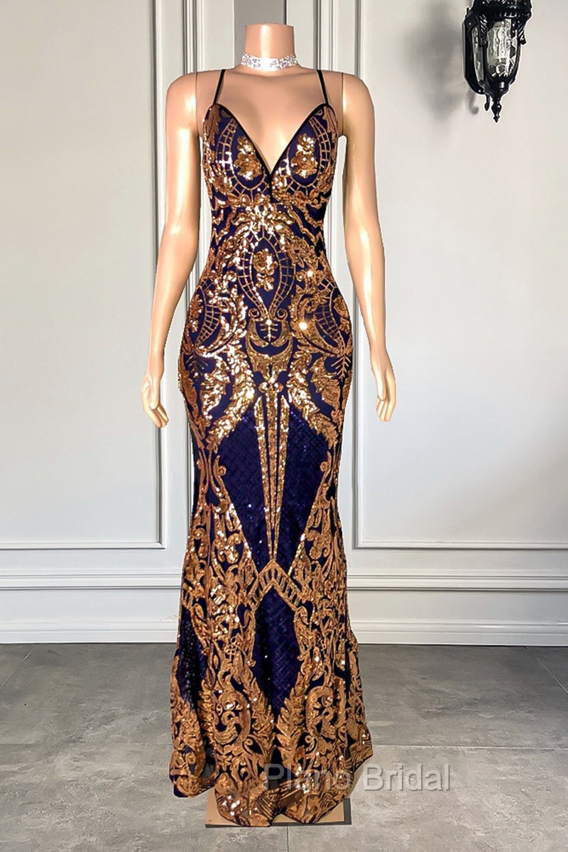 Gorgeous Spaghetti-Straps Sequins Mermaid Formal Prom Dresses Long V-Neck Secondary image