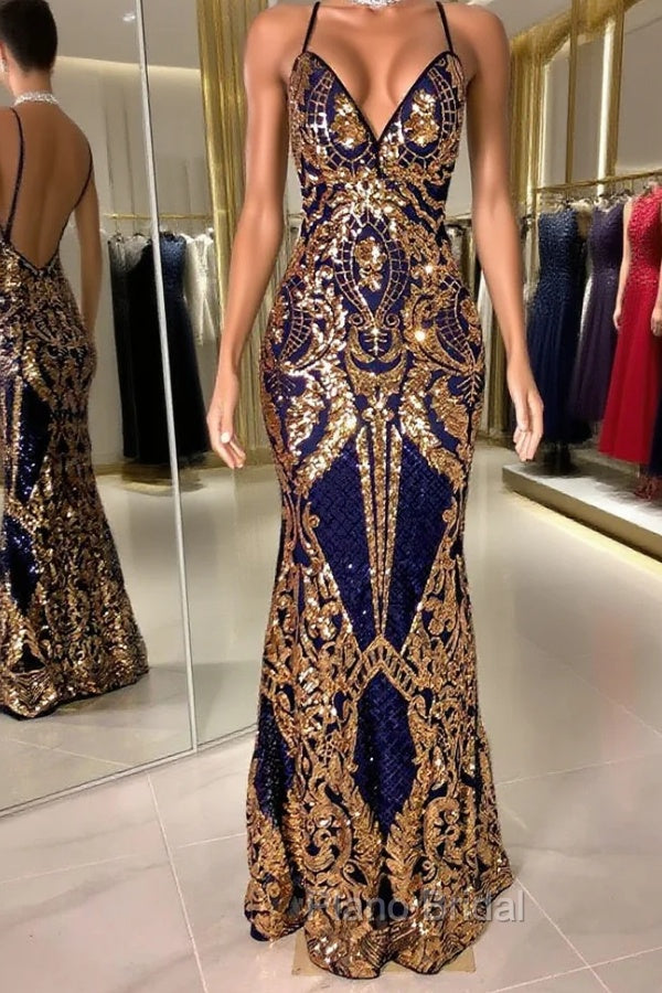 Gorgeous Spaghetti-Straps Sequins Mermaid Formal Prom Dresses Long V-Neck Main image