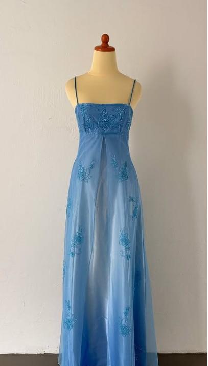 Gothic Vintage Formal Prom Dresses Under $170??Gorgeous Spaghetti Straps Beading Applique Gradient Blue Sleeveless Long Formal Evening Dresses Main image