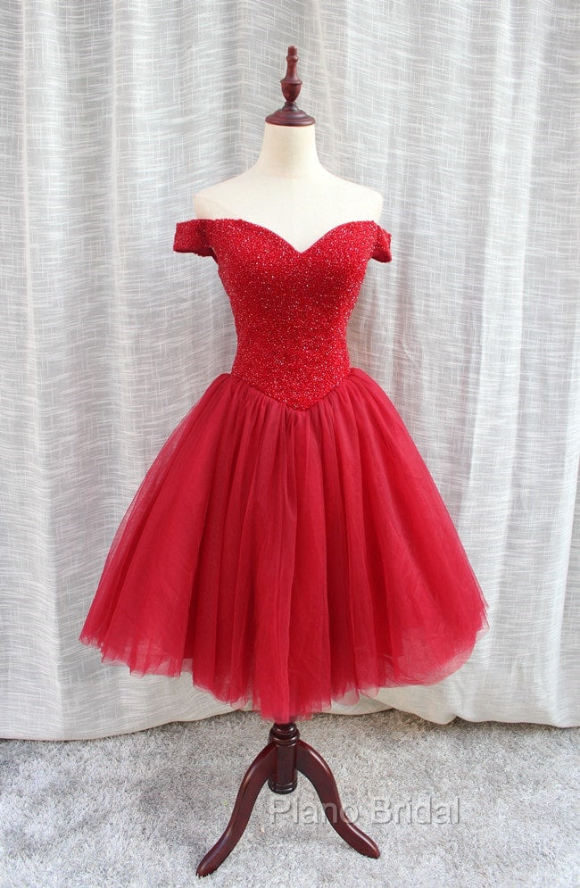 Gorgeous Sparkle Beaded Off Shoulder Red Formal Dresses, Red Homecoming Dresses
