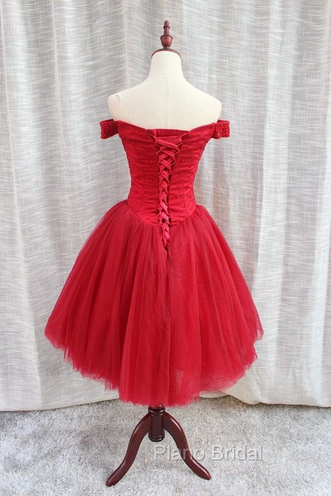 Gorgeous Sparkle Beaded Off Shoulder Red Formal Dresses, Red Homecoming Dresses