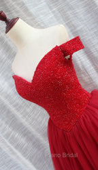 Gorgeous Sparkle Beaded Off Shoulder Red Formal Dresses, Red Homecoming Dresses