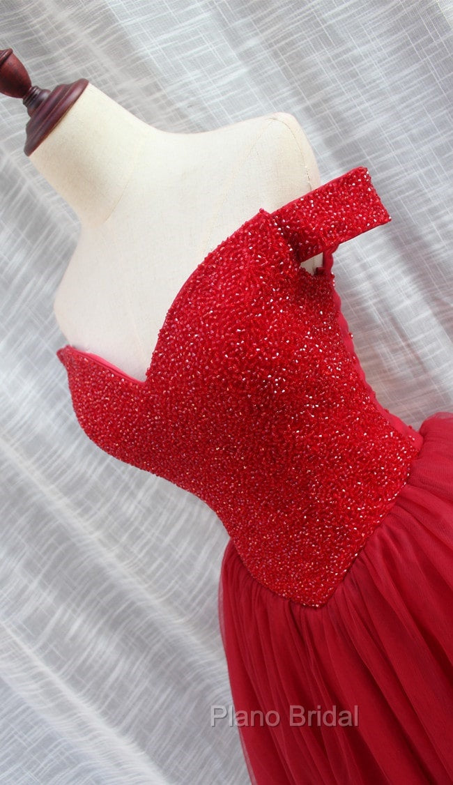 Gorgeous Sparkle Beaded Off Shoulder Red Formal Dresses, Red Homecoming Dresses