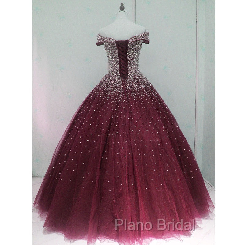 Gorgeous Sparkle Burgundy Off Shoulder Sweet 16 Gown, Burgundy Formal Prom Dresses