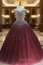 Gorgeous Sparkle Burgundy Off Shoulder Sweet 16 Gown, Burgundy Formal Prom Dresses