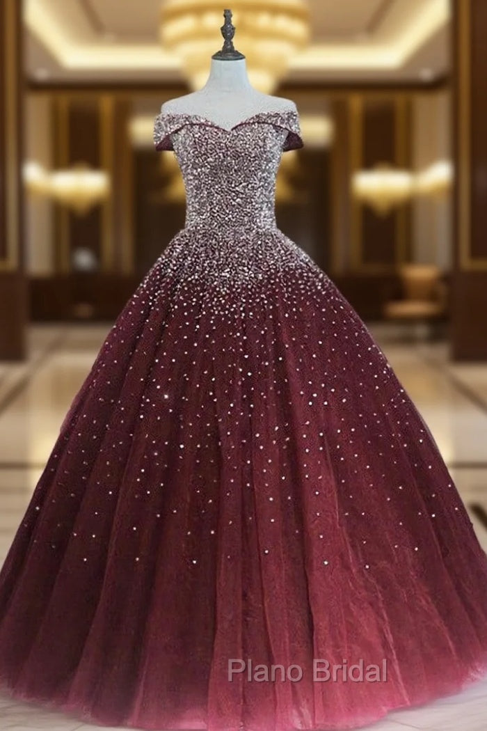 Gorgeous Sparkle Burgundy Off Shoulder Sweet 16 Gown, Burgundy Formal Prom Dresses