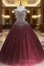 Gorgeous Sparkle Burgundy Off Shoulder Sweet 16 Gown, Burgundy Formal Prom Dresses