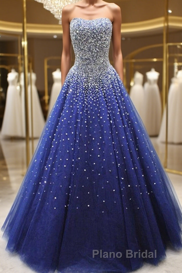 Gorgeous Strapless Blue Tulle Beaded Long Formal Prom Dresses, Beaded Blue Formal Evening Dresses, Beaded Ball Gown Main image