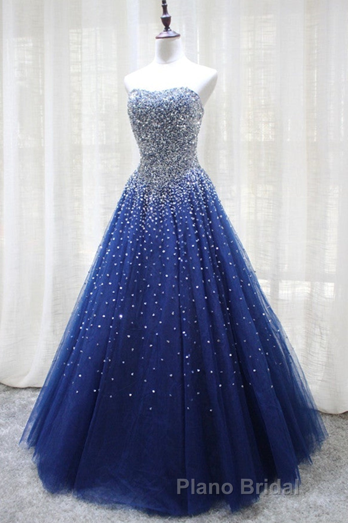 Gorgeous Strapless Blue Tulle Beaded Long Formal Prom Dresses, Beaded Blue Formal Evening Dresses, Beaded Ball Gown