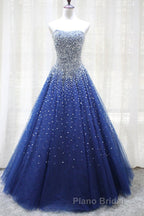 Gorgeous Strapless Blue Tulle Beaded Long Formal Prom Dresses, Beaded Blue Formal Evening Dresses, Beaded Ball Gown