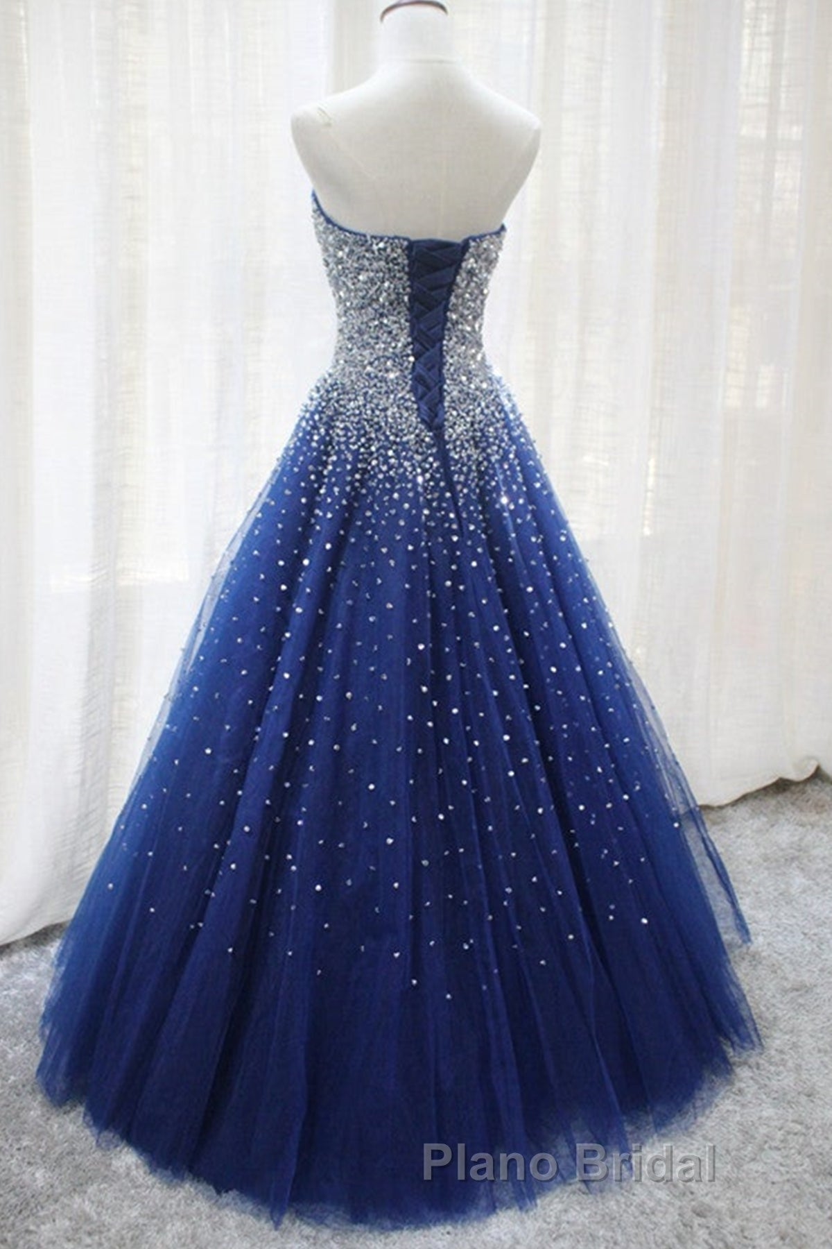 Gorgeous Strapless Blue Tulle Beaded Long Formal Prom Dresses, Beaded Blue Formal Evening Dresses, Beaded Ball Gown
