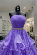 Gorgeous Strapless Layered Purple Tulle Long Formal Prom Dresses with Belt, Purple Formal Evening Dresses, Purple Ball Gown