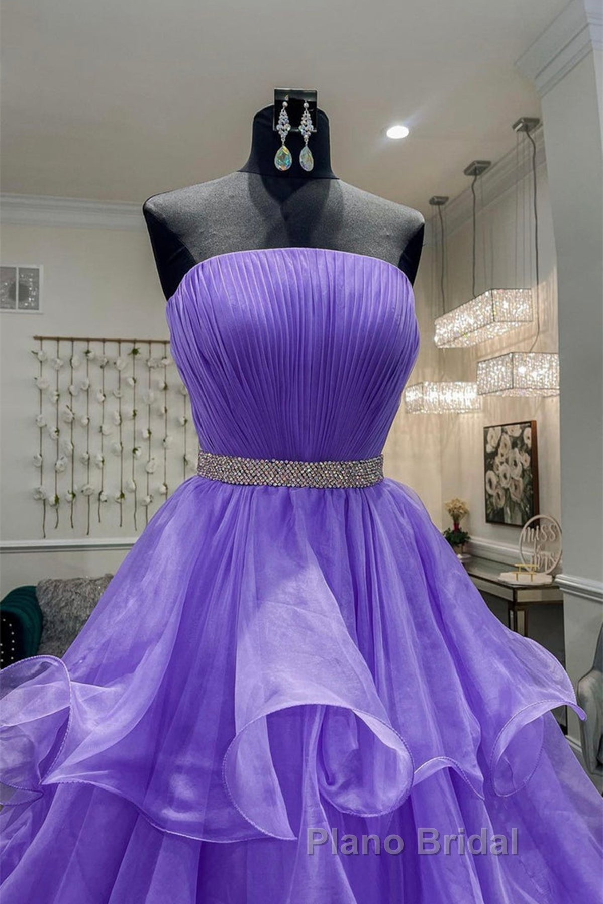 Gorgeous Strapless Layered Purple Tulle Long Formal Prom Dresses with Belt, Purple Formal Evening Dresses, Purple Ball Gown