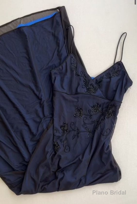 Gorgeous Straps Navy Blue V Neck Prom Dress Chiffon Beaded Party Dress Evening Gown Main image