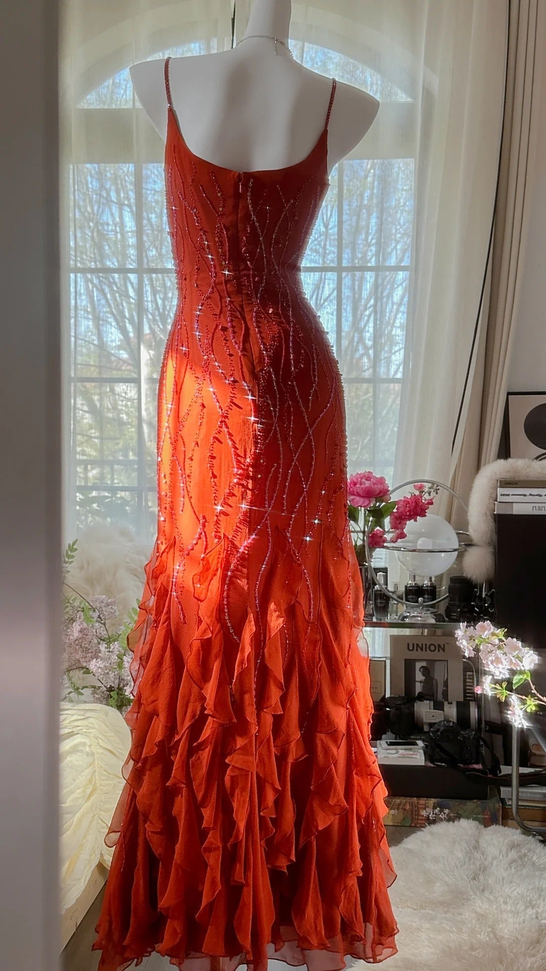 Gorgeous sunset orange chiffon beaded jellyfish skirt evening dress prom dress