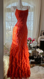 Gorgeous sunset orange chiffon beaded jellyfish skirt evening dress prom dress