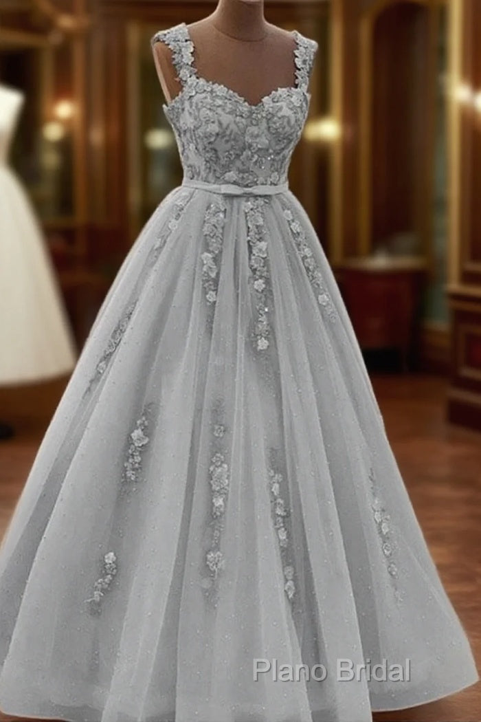 Gorgeous Sweetheart Neck Beaded Gray Floral Lace Formal Prom Dresses, Grey Floral Lace Formal Dresses, Gray Formal Dresses