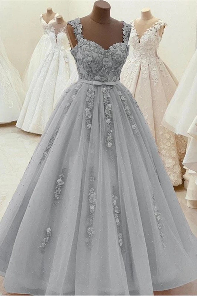 Gorgeous Sweetheart Neck Beaded Gray Floral Lace Formal Prom Dresses, Grey Floral Lace Formal Dresses, Gray Formal Evening Dresses Main image