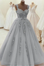 Gorgeous Sweetheart Neck Beaded Gray Floral Lace Formal Prom Dresses, Grey Floral Lace Formal Dresses, Gray Formal Evening Dresses
