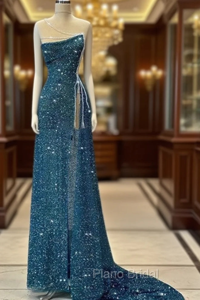 Gorgeous Teal Sheath High Slit Maxi Long Formal Prom Dresses,Evening Dresses