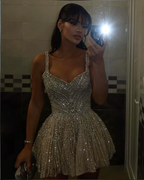 Gorgeous Tulle Beaded A Line Cocktail Dresses Champagne Short Homecoming Dresses
