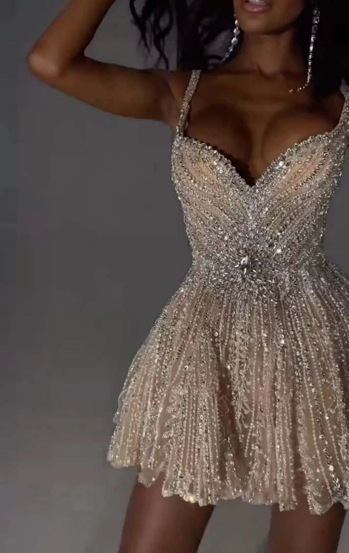 Gorgeous Tulle Beaded A Line Cocktail Dresses Champagne Short Homecoming Dresses