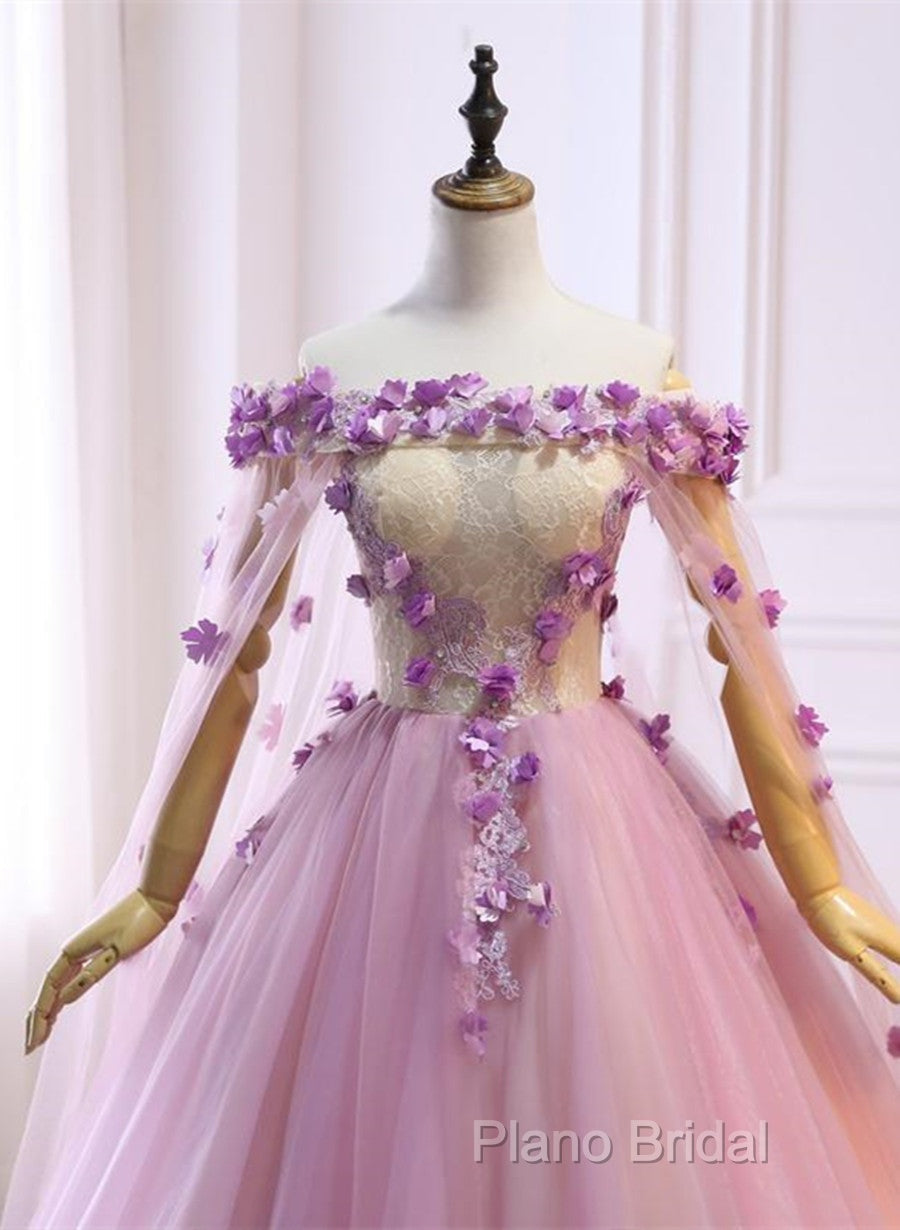 Gorgeous Tulle Off Shoulder Flowers Lace-Up Long Formal Dresses, Pink Formal Prom Dresses Secondary image