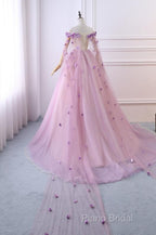 Gorgeous Tulle Off Shoulder Flowers Lace-Up Long Formal Dresses, Pink Formal Prom Dresses