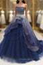 Gorgeous Tulle Strapless Beaded Long Layered Evening Dresses, Blue Formal Dresses Formal Prom Dresses