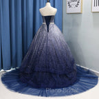 Gorgeous Tulle Strapless Beaded Long Layered Evening Dresses, Blue Formal Dresses Formal Prom Dresses