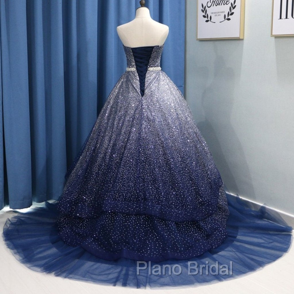 Gorgeous Tulle Strapless Beaded Long Layered Evening Dresses, Blue Formal Dresses Formal Prom Dresses