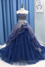 Gorgeous Tulle Strapless Beaded Long Layered Evening Dresses, Blue Formal Dresses Formal Prom Dresses