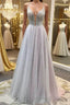 Gorgeous V Neck Backless Beaded Gray Tulle Long Formal Prom Dresses, Backless Grey Formal Graduation Evening Dresses