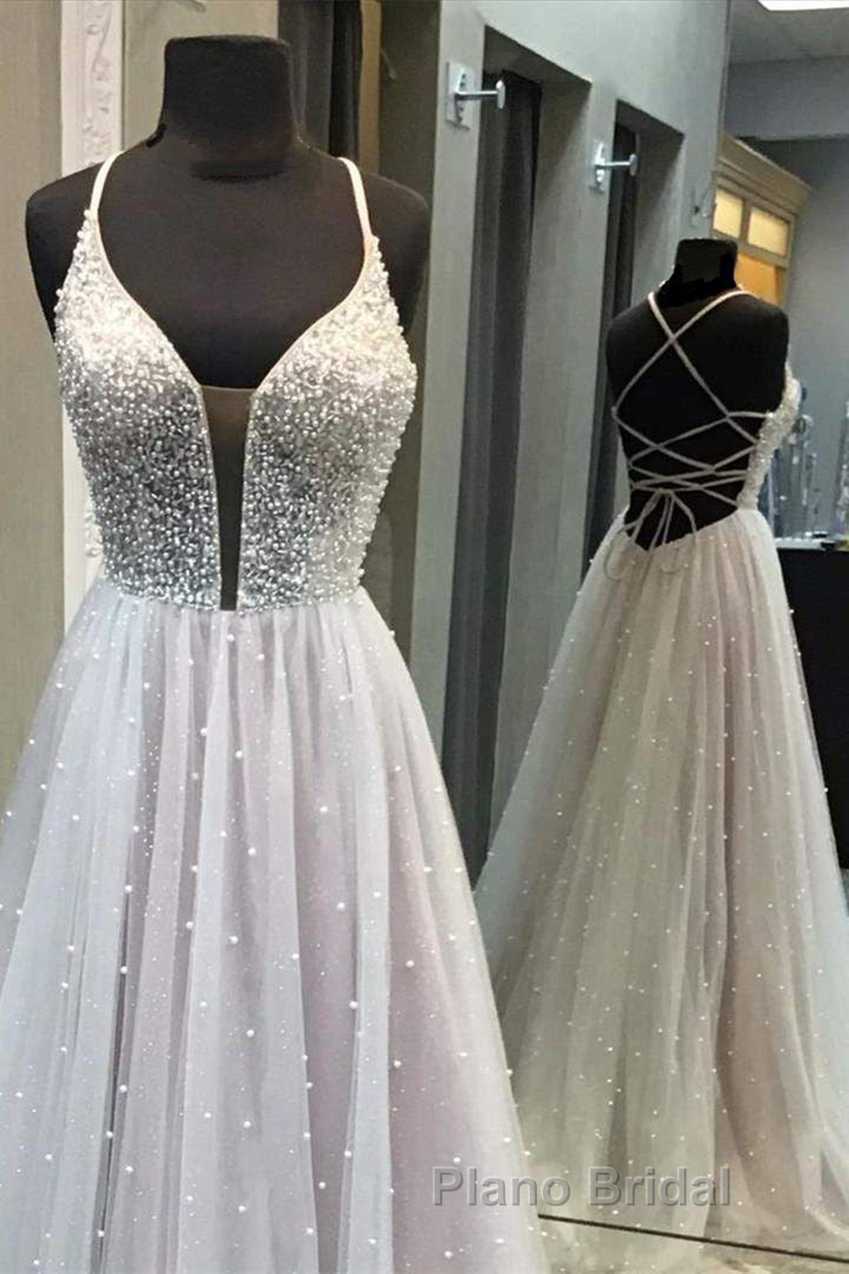 Gorgeous V Neck Backless Beaded Gray Tulle Long Formal Prom Dresses, Backless Grey Formal Graduation Evening Dresses