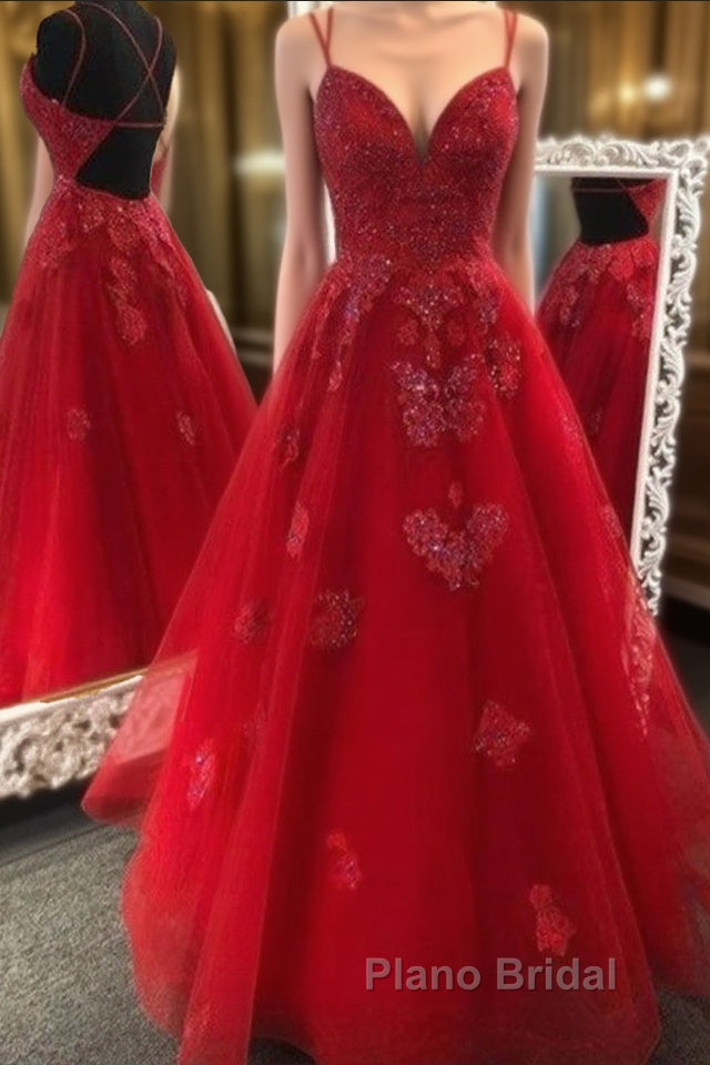 Gorgeous V Neck Backless Red Lace Appliques Formal Prom Dresses Main image