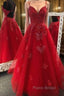 Gorgeous V Neck Backless Red Lace Appliques Formal Prom Dresses