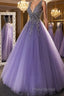 Gorgeous V Neck Beaded Purple Tulle Long Formal Prom Dress, V Neck Purple Formal Evening Dress, Purple Ball Gown