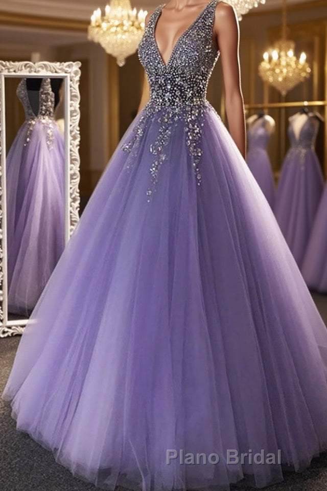 Gorgeous V Neck Beaded Purple Tulle Long Formal Prom Dress, V Neck Purple Formal Evening Dress, Purple Ball Gown Main image