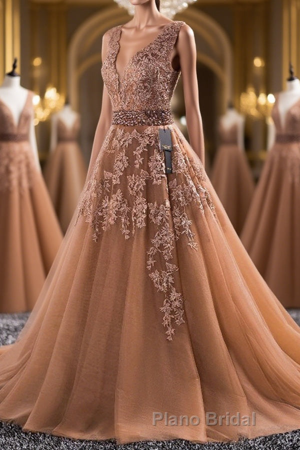 Gorgeous V Neck Champagne Lace Long Formal Prom Dress, Champagne Lace Formal Graduation Evening Dress Main image