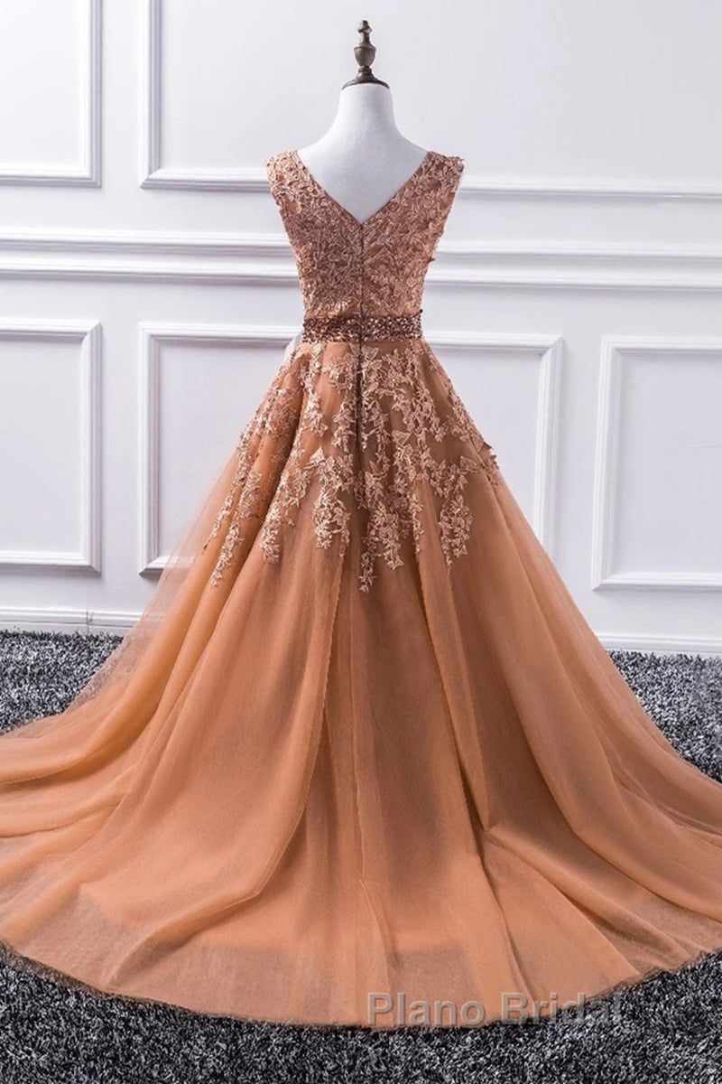Gorgeous V Neck Champagne Lace Long Formal Prom Dress, Champagne Lace Formal Graduation Evening Dress Secondary image