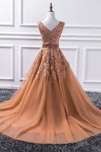 Gorgeous V Neck Champagne Lace Long Formal Prom Dress, Champagne Lace Formal Graduation Evening Dress