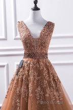 Gorgeous V Neck Champagne Lace Long Formal Prom Dress, Champagne Lace Formal Graduation Evening Dress