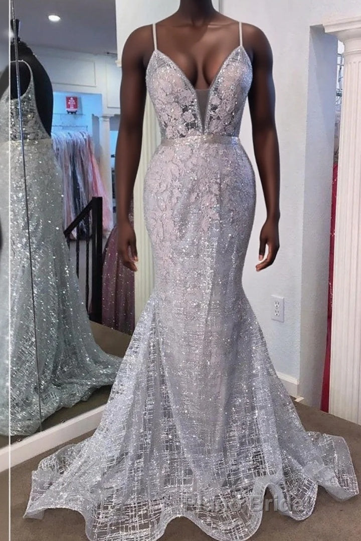 Gorgeous V Neck Mermaid Backless Silver Gray Formal Prom Dress, Mermaid Silver Gray Formal Dress, Backless Silver Gray Evening Dress Main image