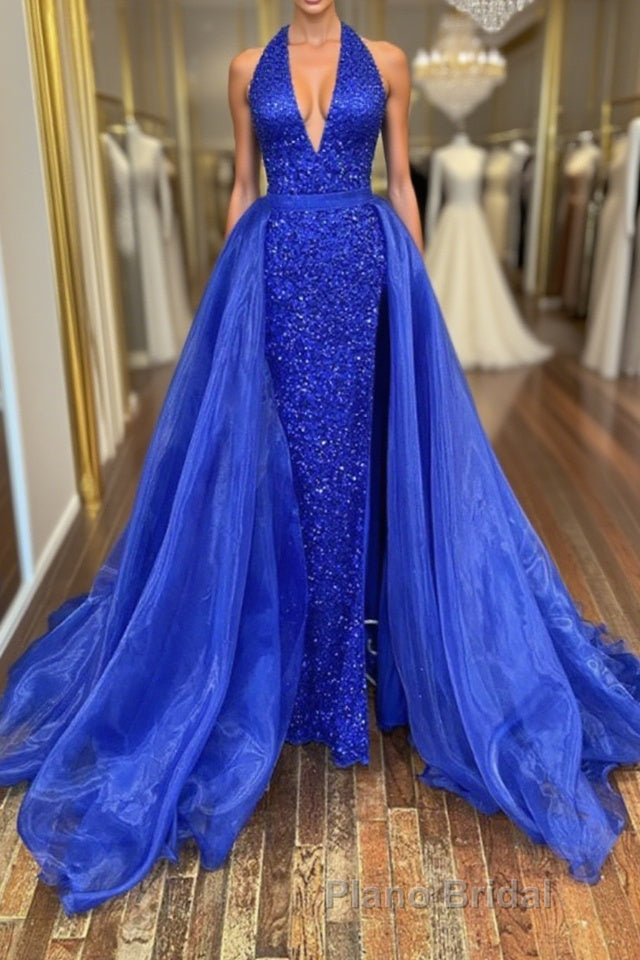 Gorgeous V Neck Mermaid Blue Sequins Long Formal Prom Dress, Mermaid Blue Formal Dress, Blue Evening Dress Main image